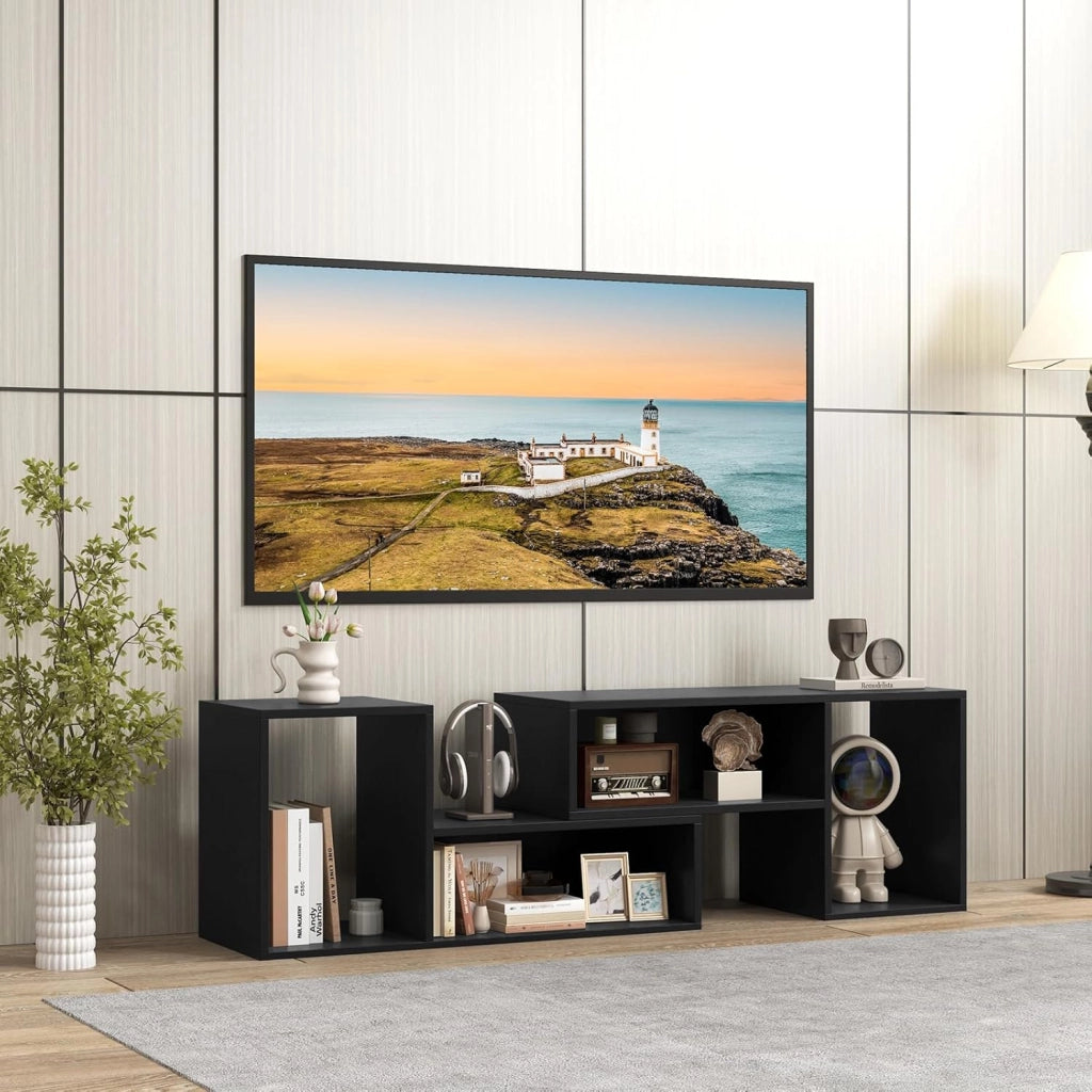 Mobile Porta TV Combinabile a 2 Pezzi, per TV Fino a 60'', Mobile TV a Angolo Soggiorno in Legno, con 4 Vani Aperti, Tavolo Media TV Multifunzionale, per Soggiorno, Camera da Letto (Nero)