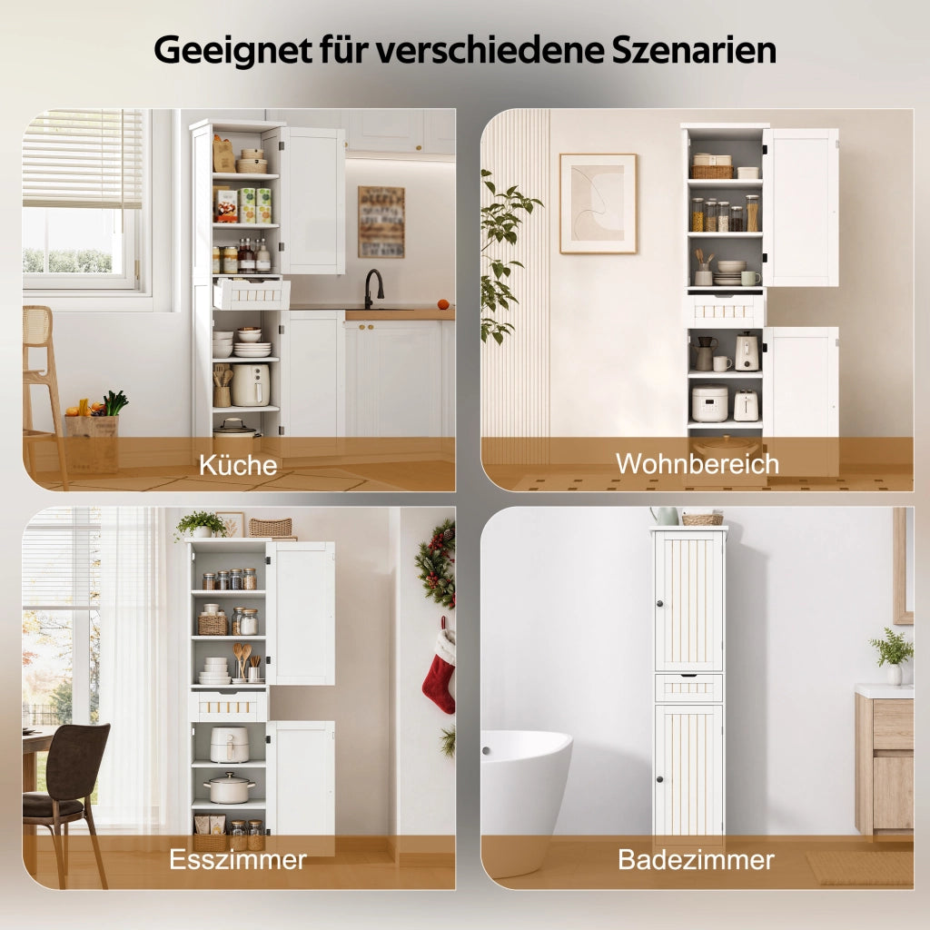 Credenza alta con ripiani regolabili e ante a griglia, per cucina e soggiorno, in MDF bianco, 170 × 40 × 30 cm