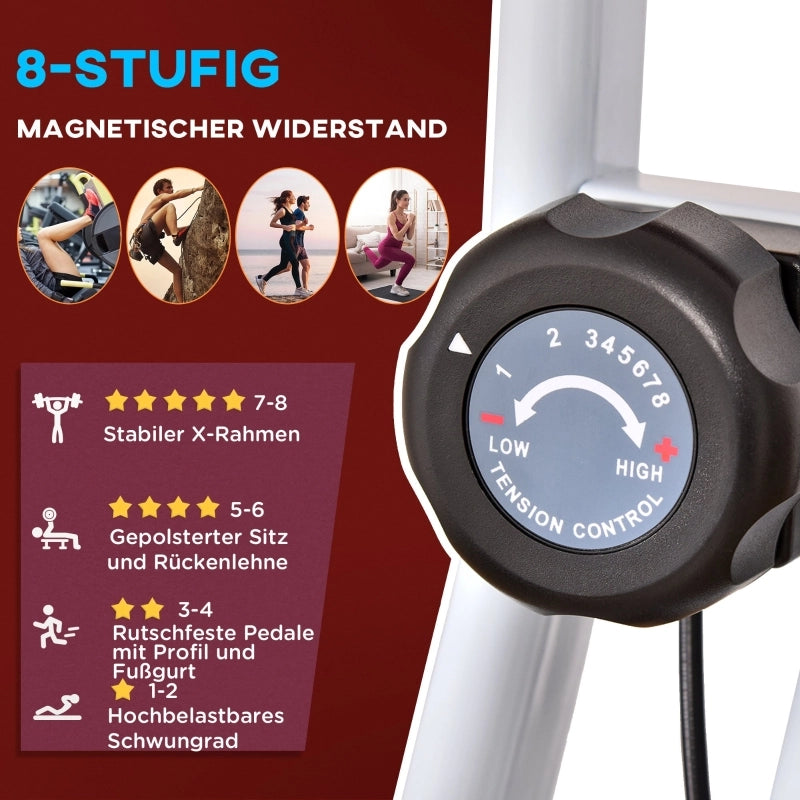 Cyclette con resistenza magnetica, 8 livelli, altezza regolabile, display LCD, rosso + bianco