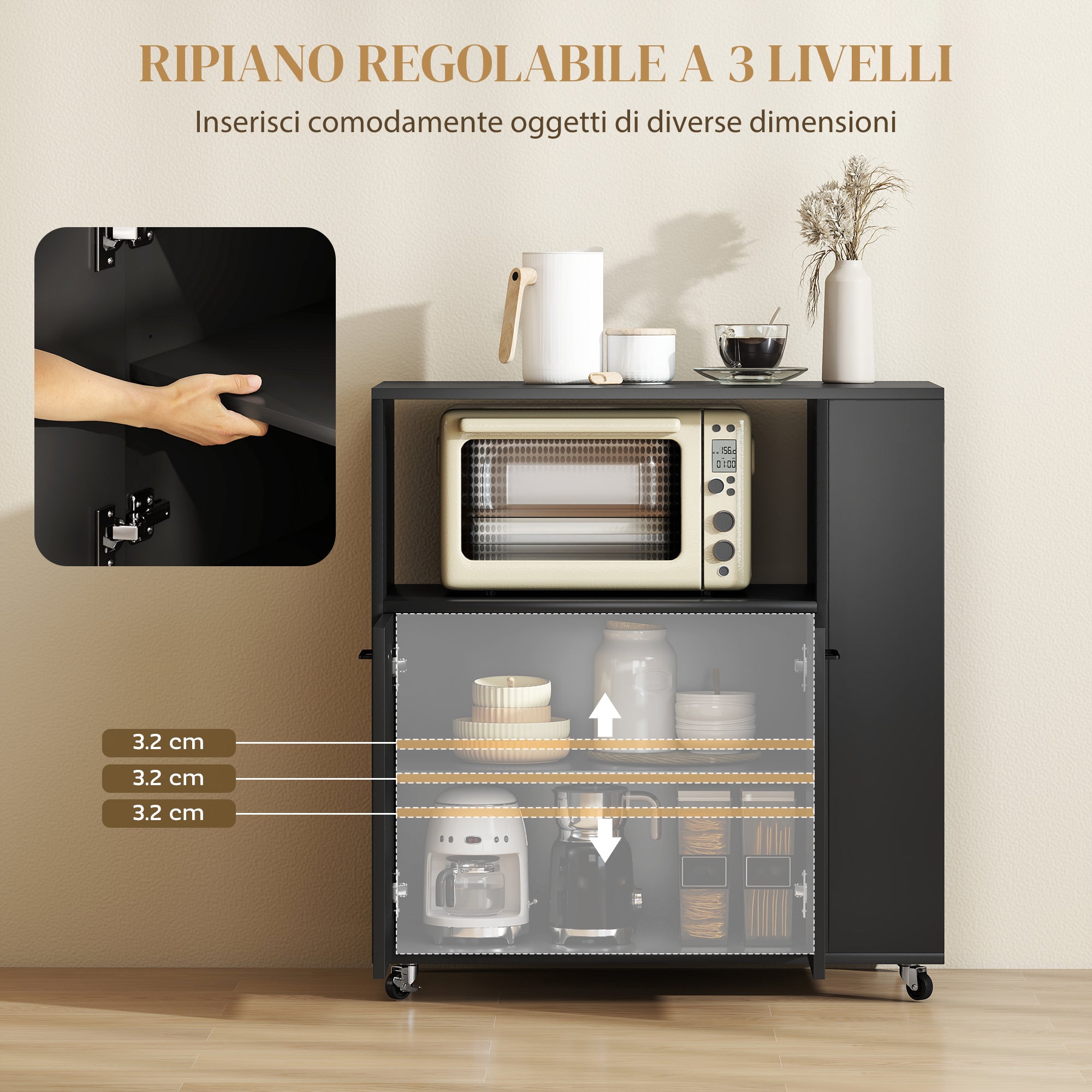 Carrello Cucina 75x40x80,5 cm con Ripiano Aperto Armadietto e Scaffale Laterale in Legno Nero