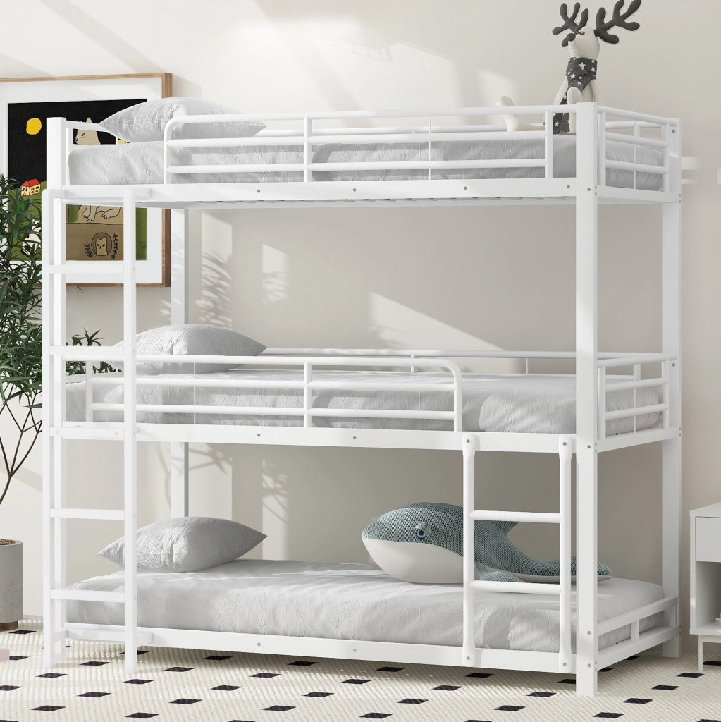 Letto a castello triplo in metallo 90x200 cm bianco con scaletta