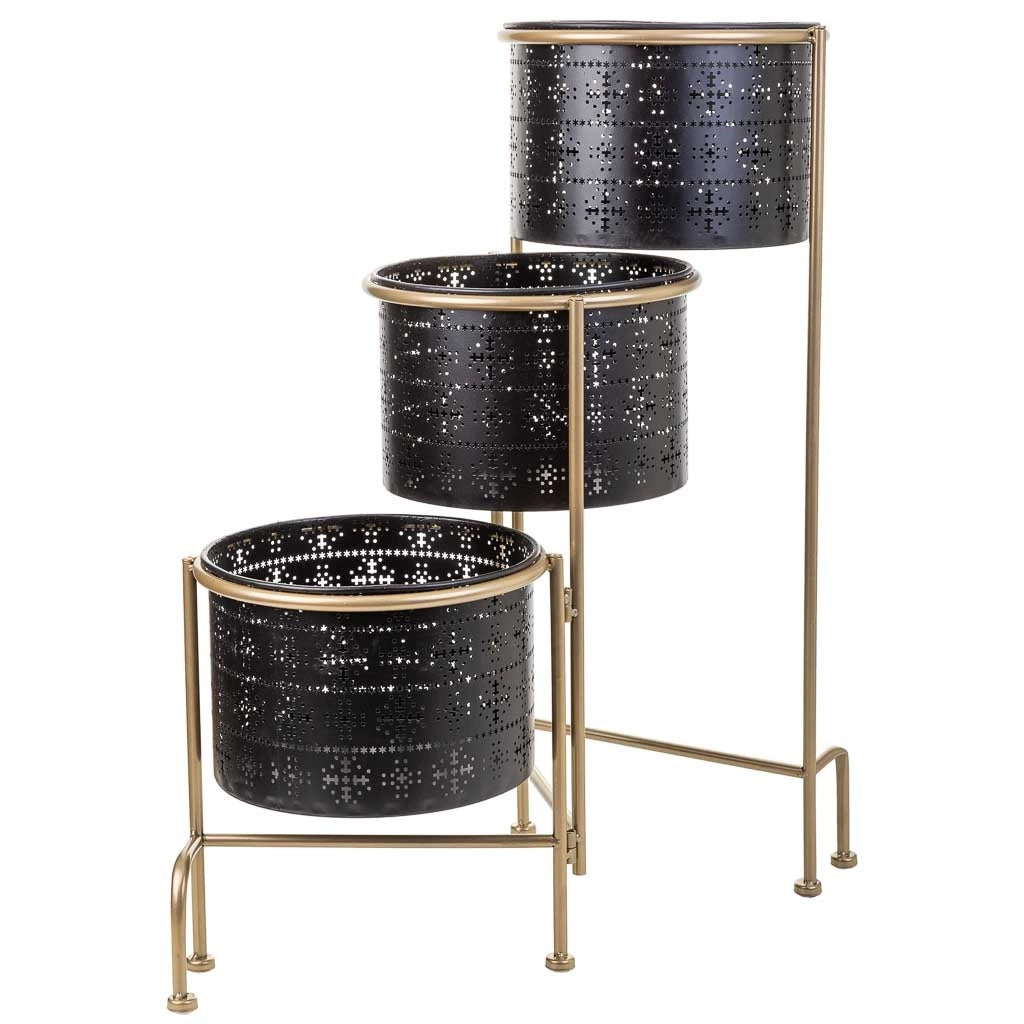 Supporto in metallo con 3 fioriere in metallo nero 80x26x68