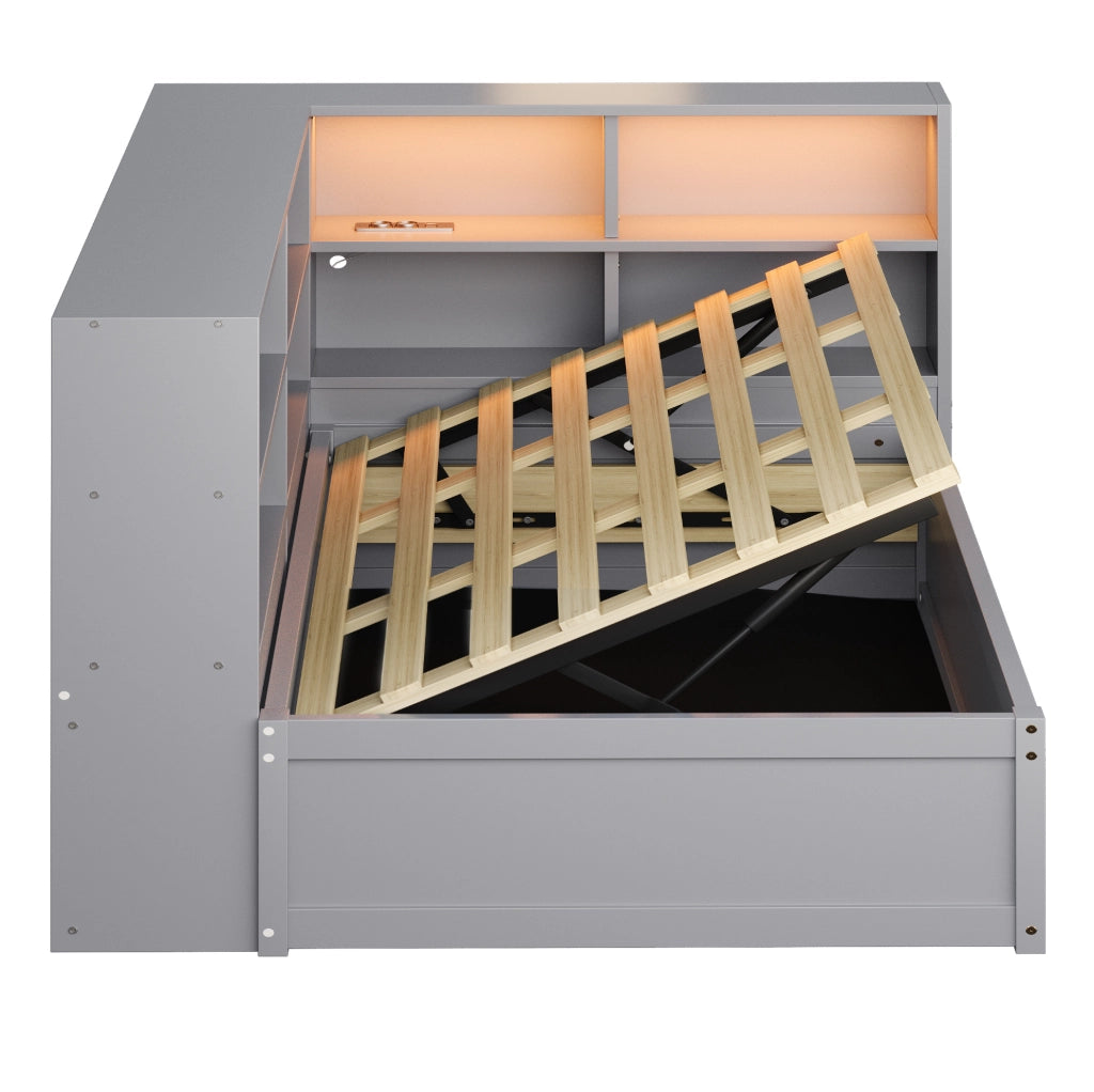 Divano letto 90x200 cm con presa multifunzione; vani portaoggetti e LED in legno grigio