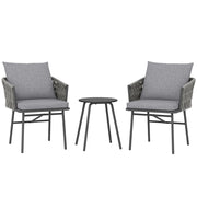 Mobili da giardino da esterno a 3 pezzi: 2 poltrone + tavolo; rattan sintetico; telaio in acciaio; 4 cuscini; grigio