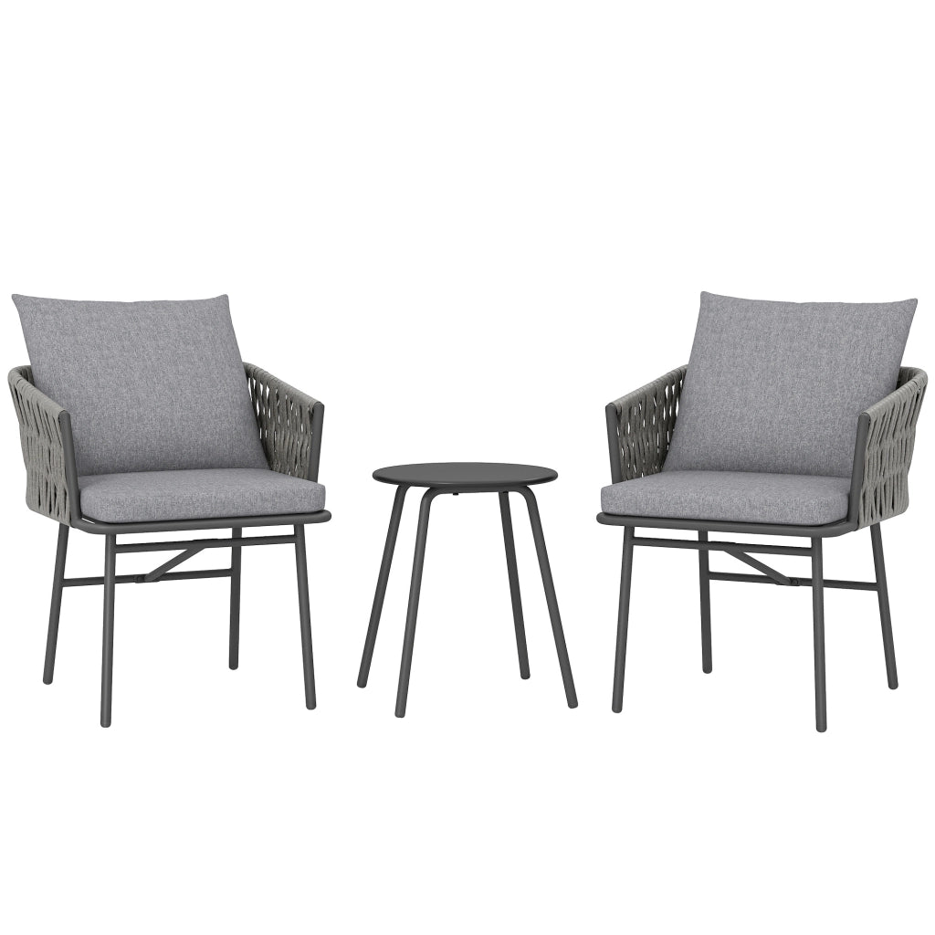 Mobili da giardino da esterno a 3 pezzi: 2 poltrone + tavolo; rattan sintetico; telaio in acciaio; 4 cuscini; grigio