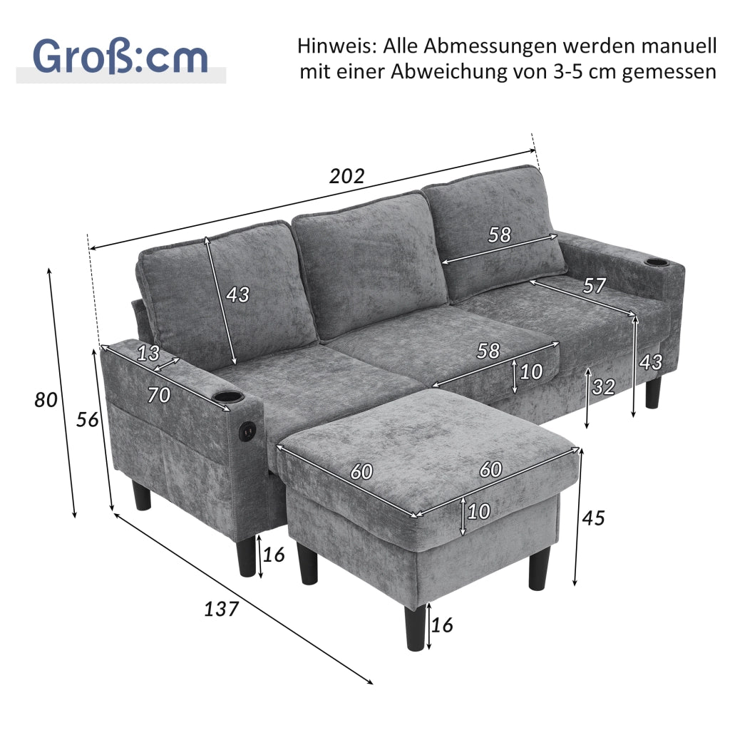 Divano angolare in lino grigio con pouf abbinabile; 2 portabicchieri e prese USB e Type-C integrate