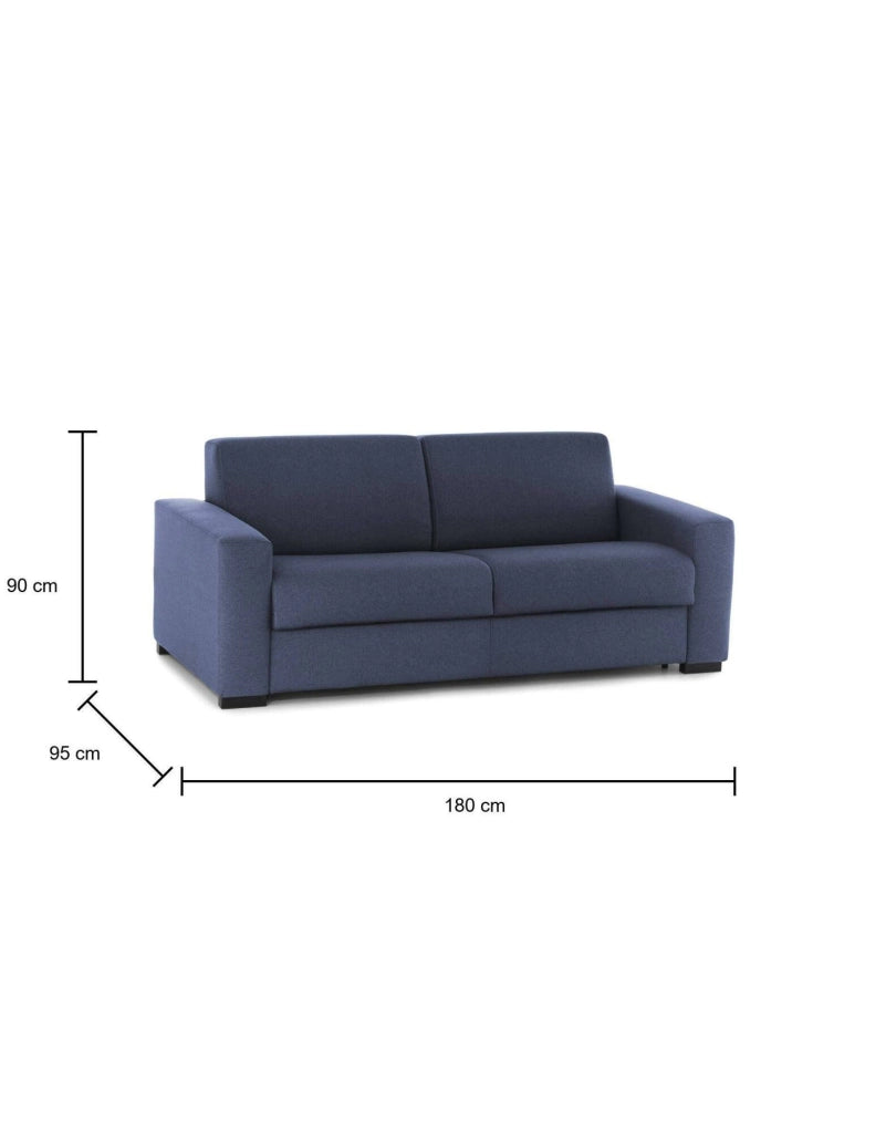 Divano Letto Asimi, Divano a 2 posti, Made in Italy, SofÒ  Soggiorno con apertura girevole, in tessuto imbottito, con Braccioli standard, cm 180x95h90, Blu