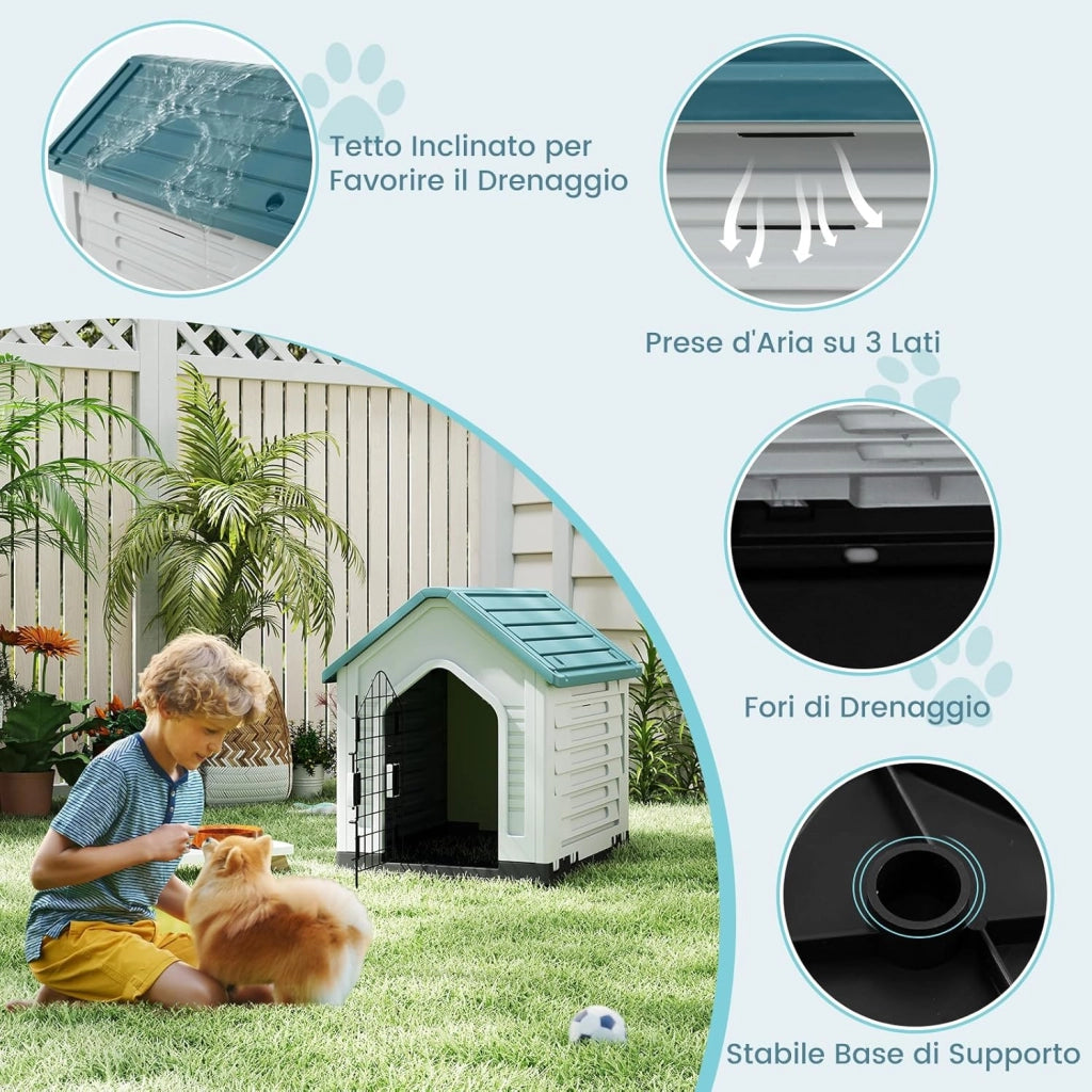 Cuccia per Cani da Esterno ed Interno, Cassetta per Cani Impermeabile con Porta in Metallo Bloccabile e Prese d'aria e Tetto Spiovente, Cucce per Cuccioli per Casa, 66,5 x 52 x 60 cm (Blu)