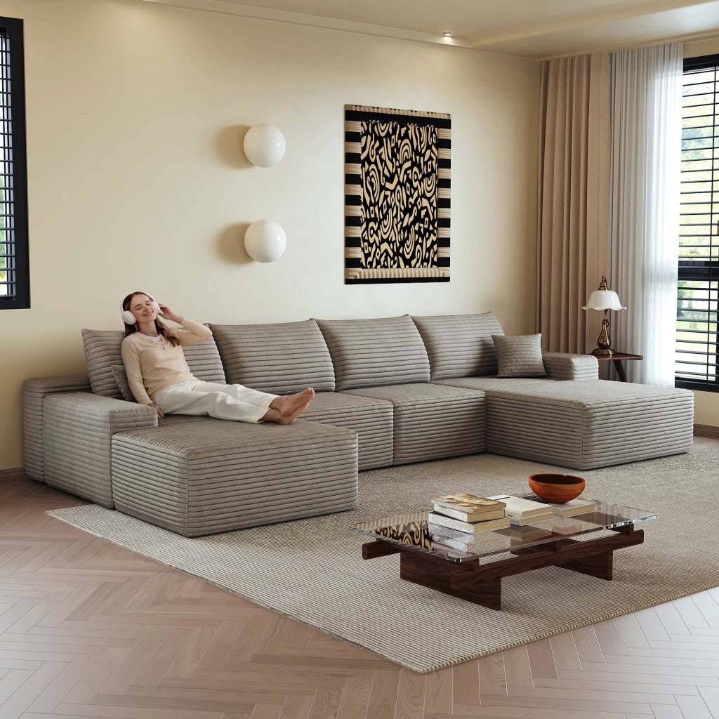 Divano angolare modulare con chaise longue a L in velluto a coste, senza montaggio, schiuma elastica, camel