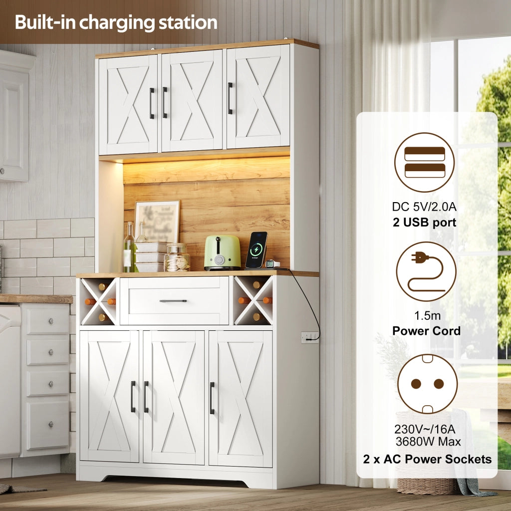 Dispensa alta con LED, portabottiglie estraibili, 1 cassetto e vani aperti, per cucina e soggiorno, 105 × 40 × 180 cm