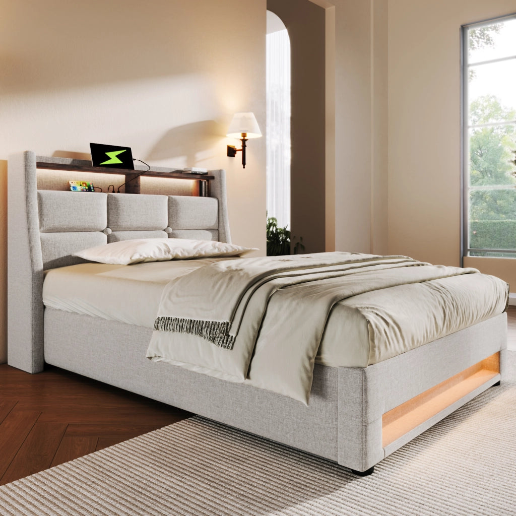 LETTO Imbottito 90x200 cm con LED e USB, tessuto lino beige, senza materasso
