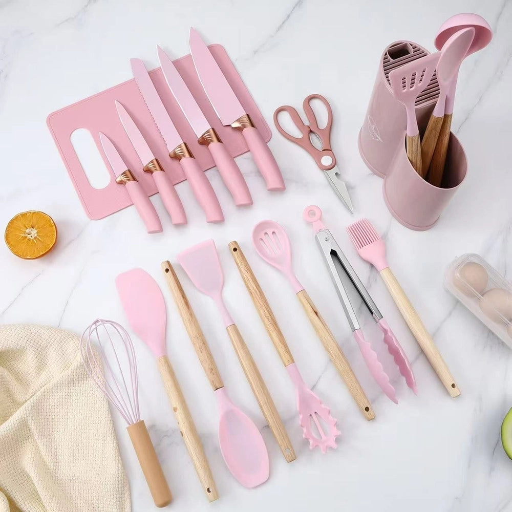 Trade Shop - Set Di Utensili Coltelli Da Cucina Da Chef Da 19 Pezzi In Silicone Con Manico In Legno -