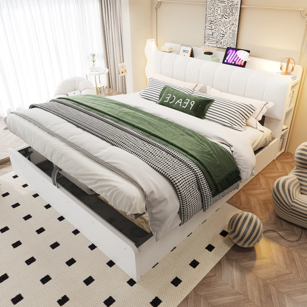 LETTO contenitore 180x200 cm in legno bianco con testiera imbottita e USB