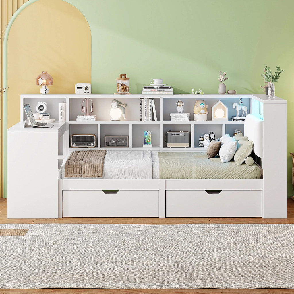 Letto a soppalco 90 × 200 cm con scrivania, libreria, cassetti, LED e USB, senza materasso, bianco