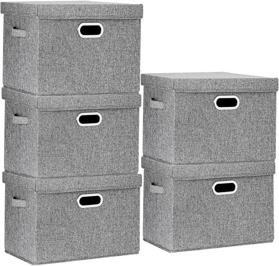 Cassetta di Stoccaggio con Coperchio - Set di Contenitori di Stoccaggio - Ordinamento dello Spazio - Lavabile e Ripiegabile - 5 pezzi 35L - Grigio