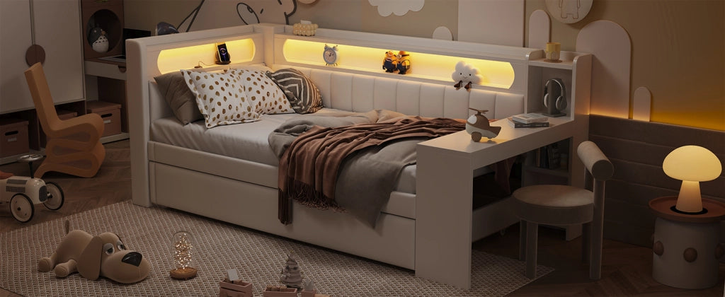 DESMIU Divano letto 90 × 200 cm con LED, USB, letto estraibile e scrivania, senza materasso, bianco