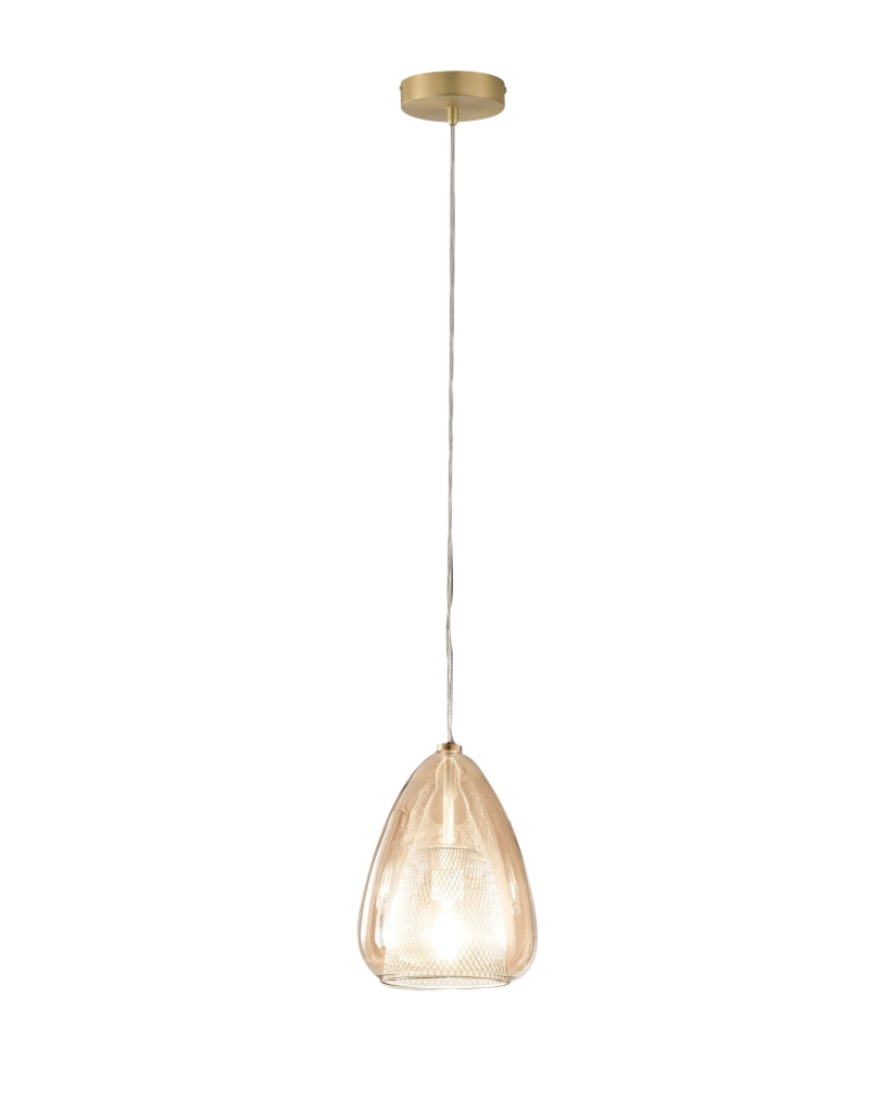 Britton Lampada a Sospensione in Metallo e Vetro Borosilicato Colore Ambra, Design Moderno, Attacco E27, Diametro 22cm, Classe di Isolamento 1