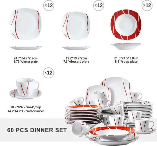 Set di Cibi da 60 pezzi - Bianco Porcellana - Piatti da Pranzo, Zuppa e Dolci - Tazze e Scodelle - Design Moderno - Salute e Sostenibilità