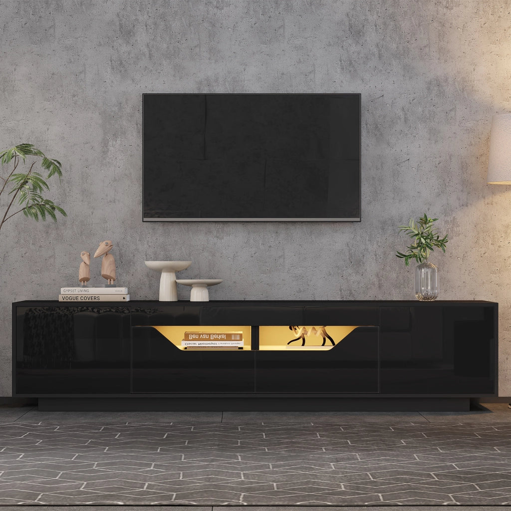Mobile porta TV con LED, 2 cassetti, 2 vani aperti e 2 ante, finitura lucida, per soggiorno, nero, 180 × 40 × 45 cm