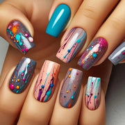 Set di unghie adesivi francesi da 24 pezzi di dimensione media quadrata | Punti colorati | Finitura lucida | Unghie in plastica per manicure