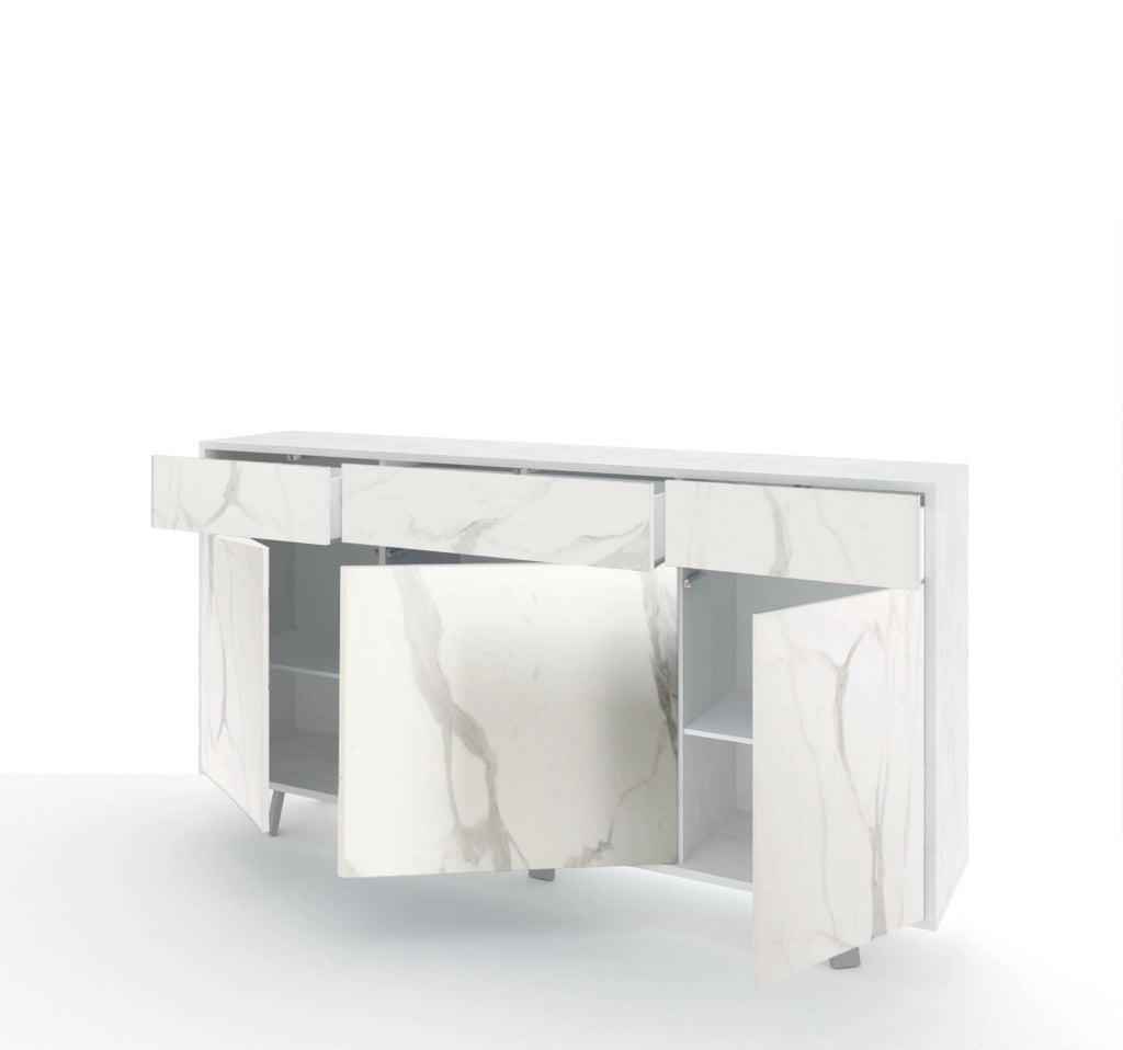 Credenza 3 ante/3 cassetti VELBRUK bianco pietra/marmo calacatta