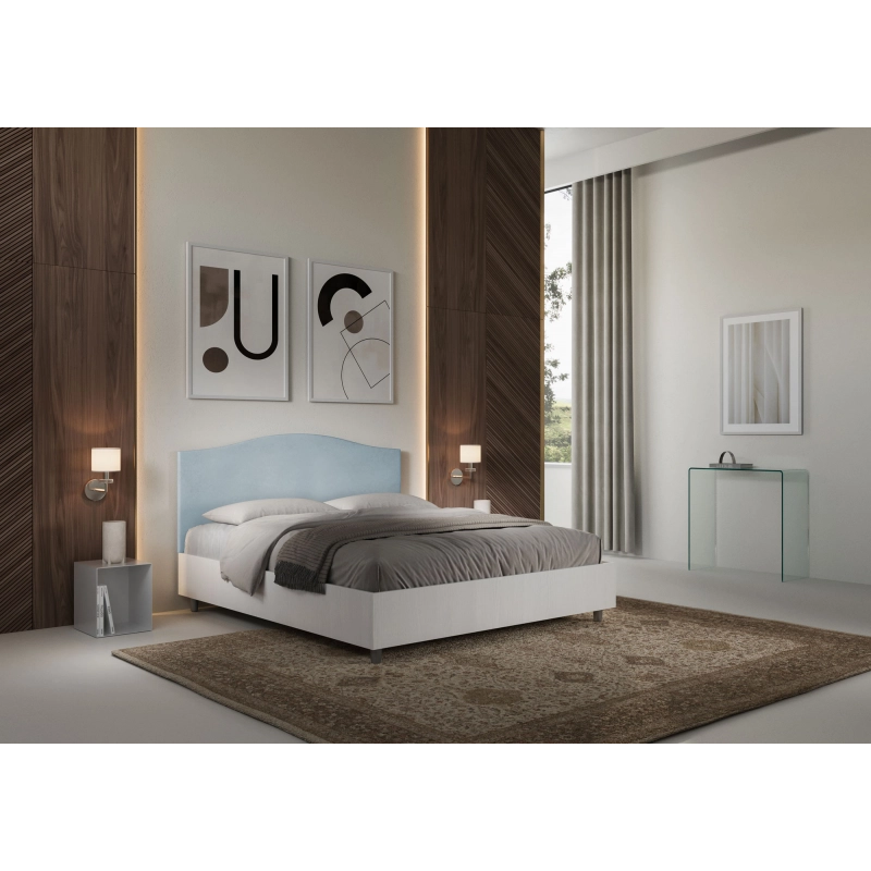 Letto Matrimoniale 160x200 cm struttura bianco frassino testata Grace - Contenitore,Microfibra,Azzurro