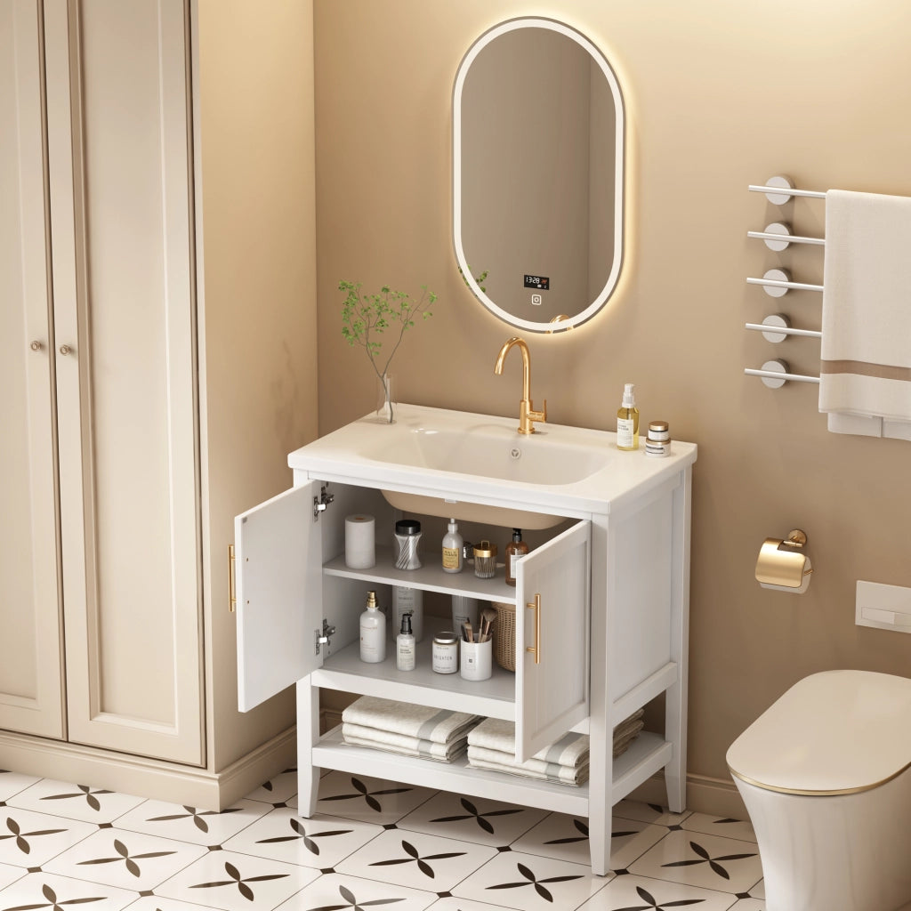 Mobile sottolavabo a pavimento bianco con lavabo in ceramica