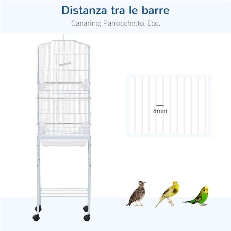 GABBIA PER UCCELLI, VOLIERA IN METALLO E ACCIAIO CON RUOTE, TRESPOLI E CIOTOLE, 46.5X36X157CM - BIANCO