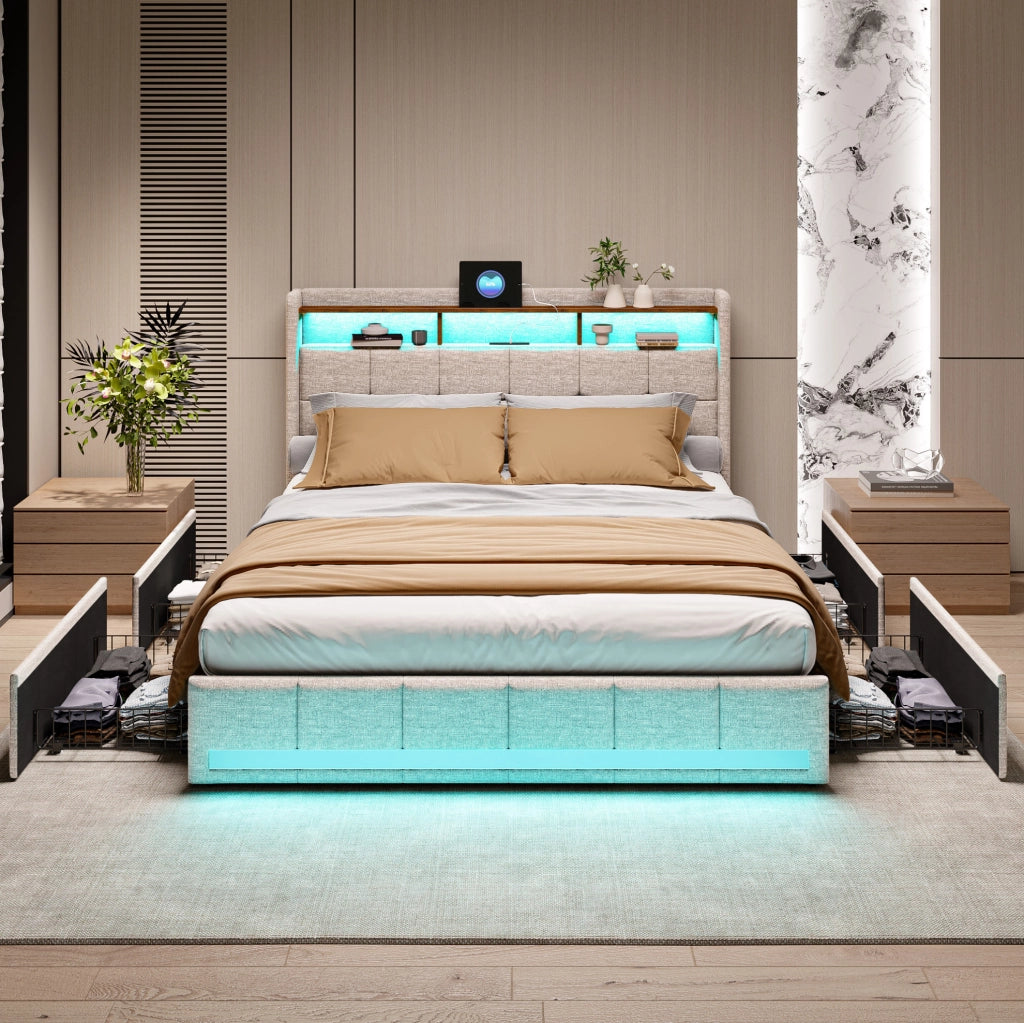 Letto con contenitori estraibili laterali e LED; legno massello e MDF; beige