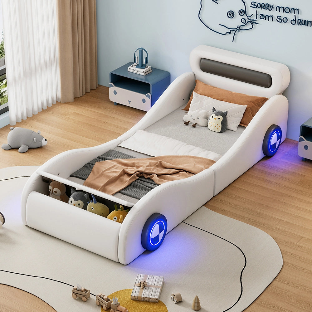 Letto per bambini a forma di auto - Xylo - 90x200 cm - Bianco - Luci e ruote