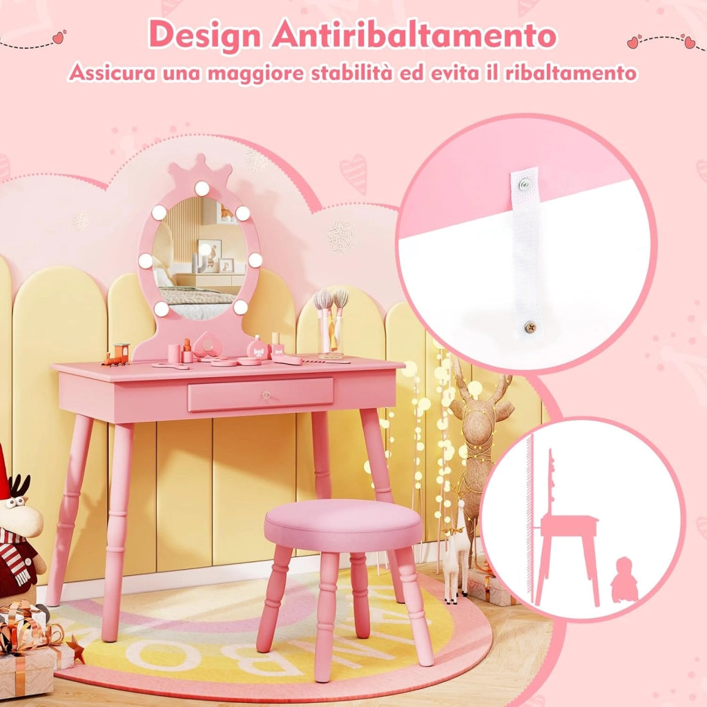 Set Toeletta Trucco per Bambina con Sgabello, Specchiera Trucco Staccabile con Luci LED a 3 Colori, Postazione Trucco Giocattolo con Cassetto e Accessori, per Bambine di 3-7 Anni (Rosa)