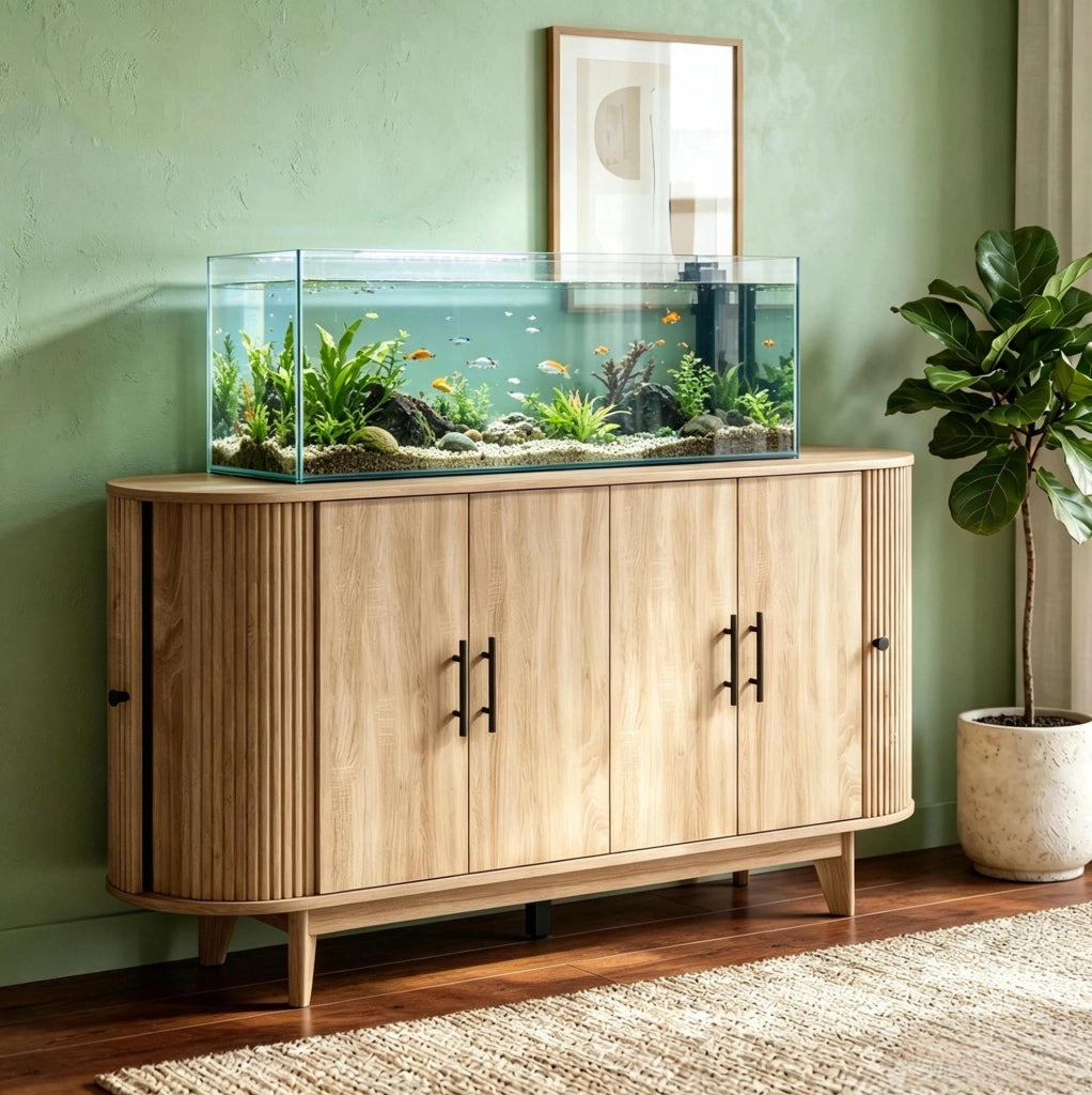 Credenza 147x40x76 cm crema in MDF; ripiani regolabili e piano ovale