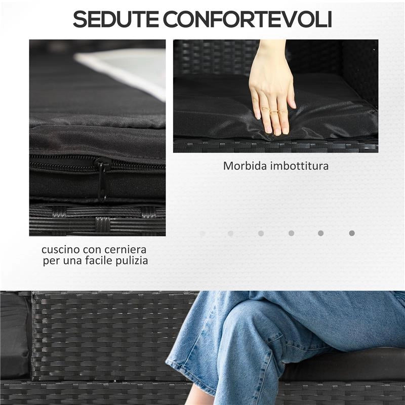 DIVANETTO PER ESTERNI 2 POSTI CON TAVOLINO DA CAFFÈ IN ACCIAIO E RATTAN PE 137X59X82 CM NERO