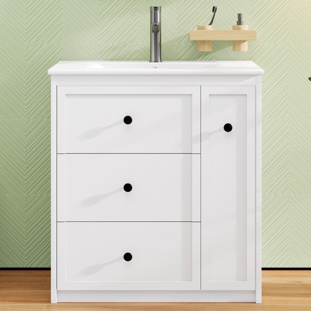 Mobile sottolavabo con 4 cassetti e lavabo in ceramica, per bagno, in MDF e ceramica, bianco, 76 × 46 × 82 cm