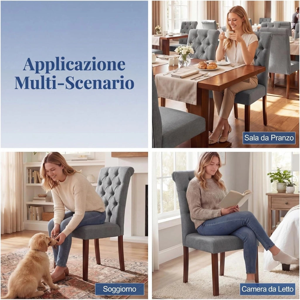 Set di 2 Sedie Imbottite da Cucina, Sedia Sala da Pranzo con Schienale Alto, Cuscino Comodo e Gambe in Legno Massello, Sedia Moderno per Camera da Letto, Salotto, Salone e Ristorante (Grigo)
