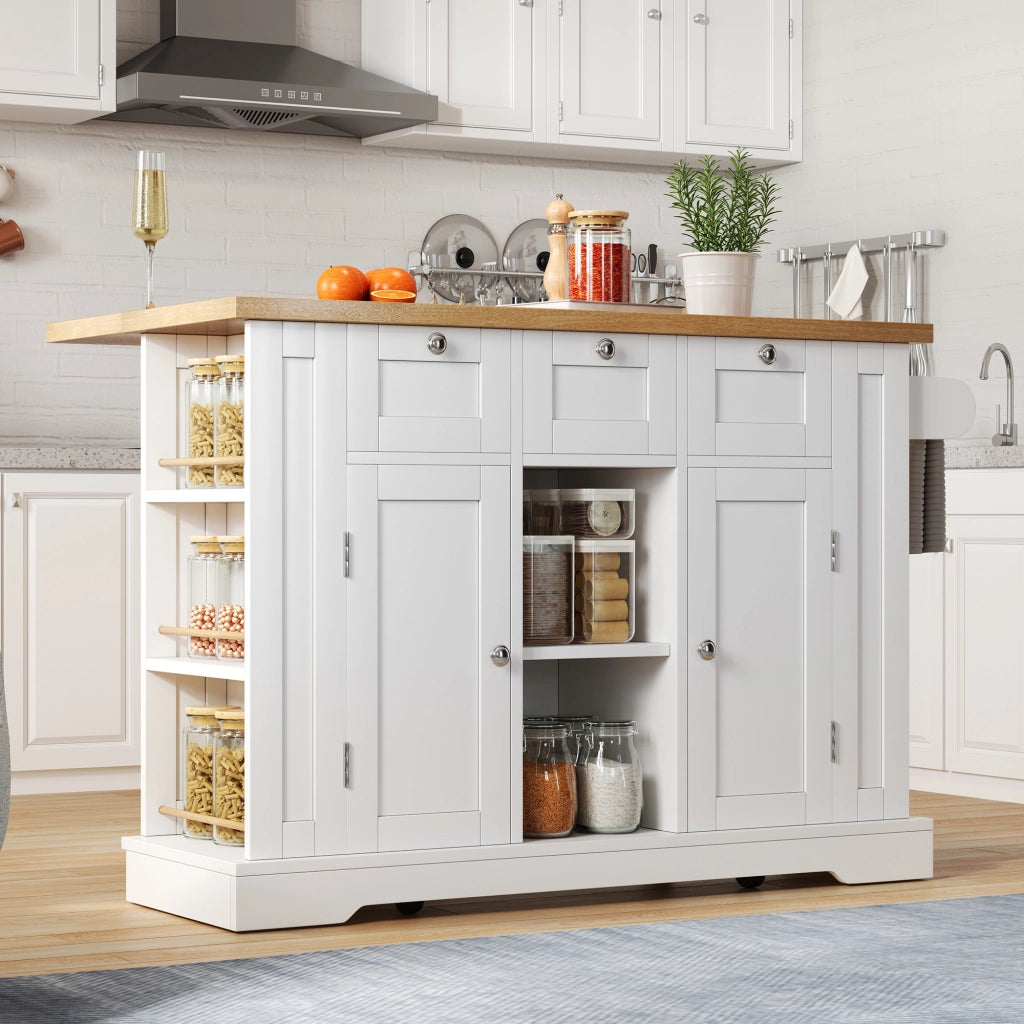 Tavolo da cucina mobile 132cm - Zephmum - Stile rustico, ripiano pieghevole, cassetto, porta spezie, porta asciugamani, 5 ruote, presa integrata