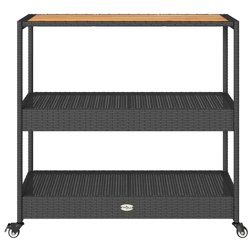 Carrello da Bar 3 Livelli Nero in Polyrattan e Legno Acacia CFW5074030