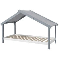 Letto a Casetta in Legno di Pino a 15 Doghe con Tetto Stellato in Tessuto, 213x100x140 cm, Grigio