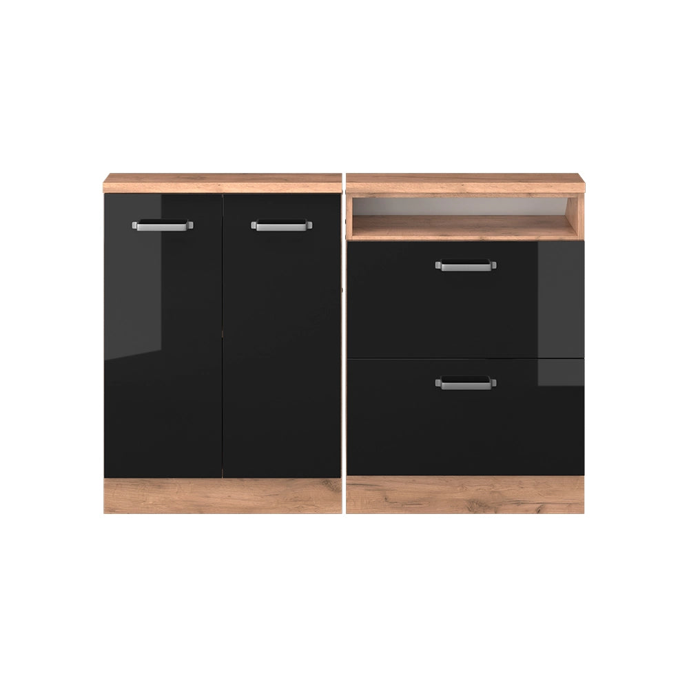 Mobile cucina sottotetto R-Line Nero lucido/Rovere dorato 120 cm Set di 2 Vicco