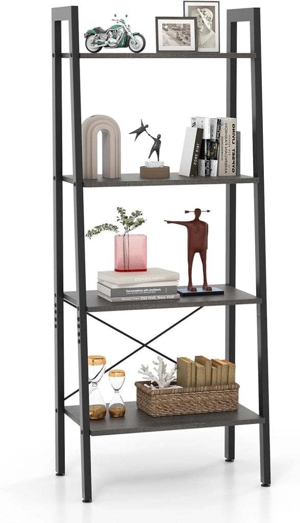 Scaffale 4 Ripiani, Libreria Scaffale con Telaio in Metallo Kit Antiribaltamento e Piedini Regolabili, Scaffale Espositivo per Soggiorno Cucina Ufficio, 56x34x138 cm (Caffè)