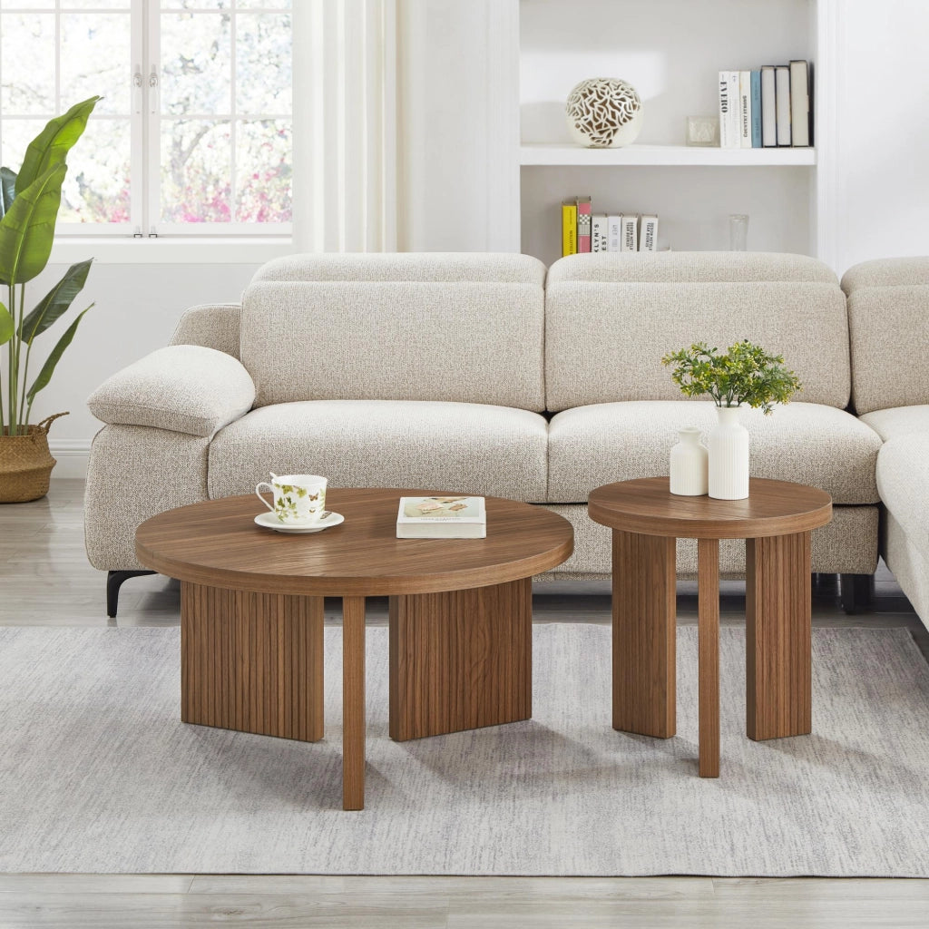 TAVOLINO DA CAFFÈ ROTONDO Set da 2 pezzi Noce MDF Struttura scanalata