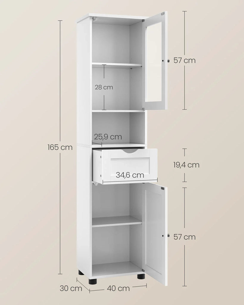 Mobile contenitore per bagno colonna 30 x 40 x 165 cm con ripiani regolabili armadietti con ante cassetti vano salvaspazio bianco 12_0006523