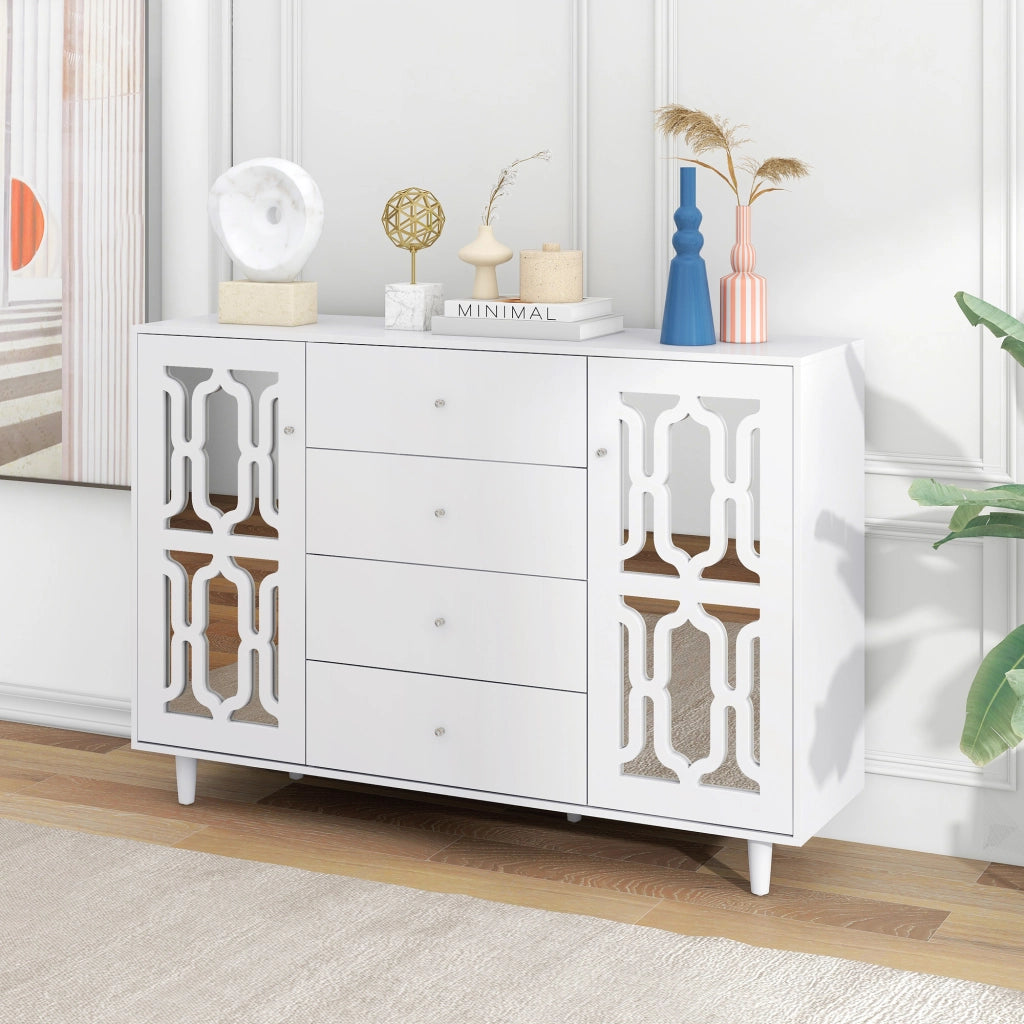 Credenza con 2 Ante; 4 Cassetti e Maniglie in Cristallo; Finitura a Specchio; in MDF; Bianco; 147;5??40??102 cm