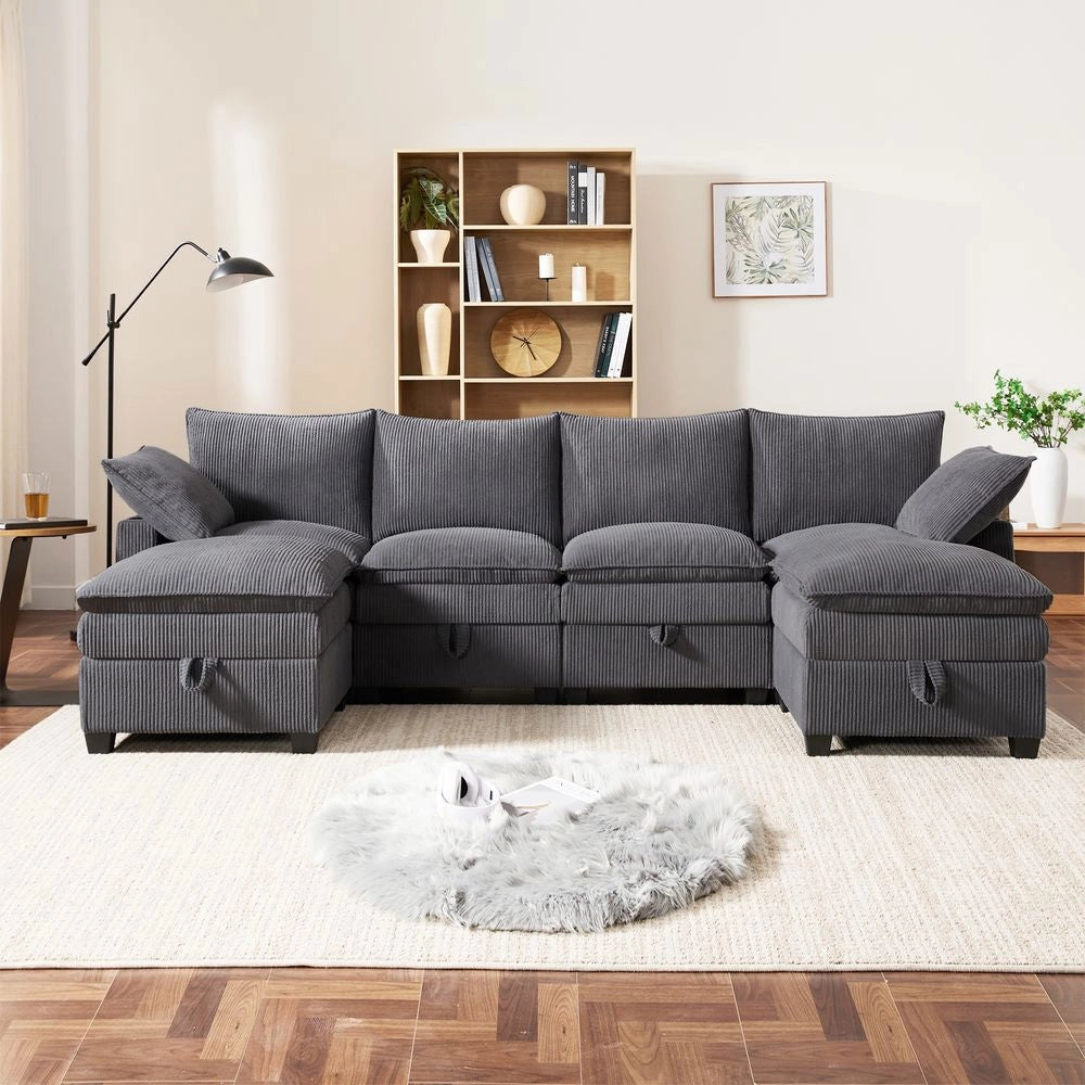 Divano moderno a L - Xylo - Velluto, USB, poggiapiedi, ripostiglio, grigio