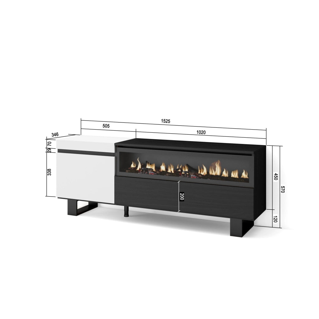 Mobile TV Soggiorno, 150x35x57cm, Per TV fino a 65", Camino elettrico, Design industriale, Bianco e nero RF2461