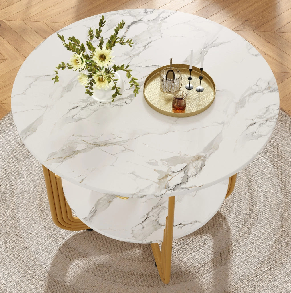 Tavolo da pranzo rotondo 80x80x76 cm in MDF effetto marmo; colore oro