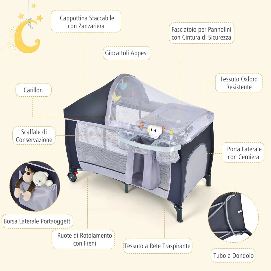 Lettino Campeggio per Bambini, Lettino da Viaggio Pieghevole con Fasciatoio, Culla Lettino per Neonati, con Giocattoli, Zanzariera, Box Portatile con Borsa, per Bambini 0-36 Mesi (Grigio)