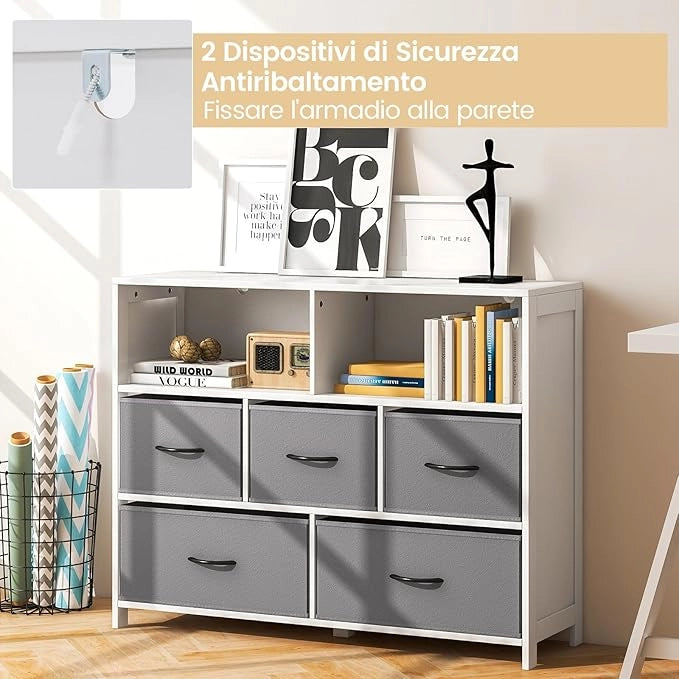Cassettiera in Tessuto, Cassettiera con 5 Cassetti e 2 Ripiani Aperti, con Contenitori in Tessuto e Ampio Piano, per Camere da letto, Soggiorno e Ingresso, 100 x 30 x 78 cm