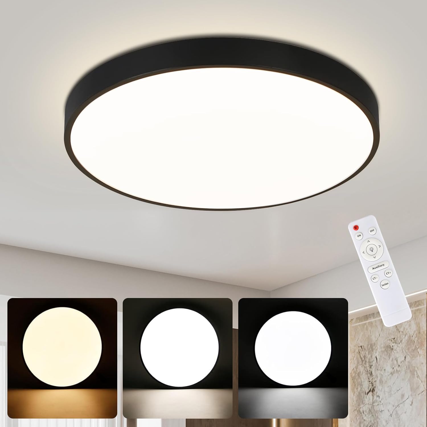 ZMH Lampada da soffitto plafoniera LED 36W dimmerabile telecomando nera piatta 37 cm rotonda