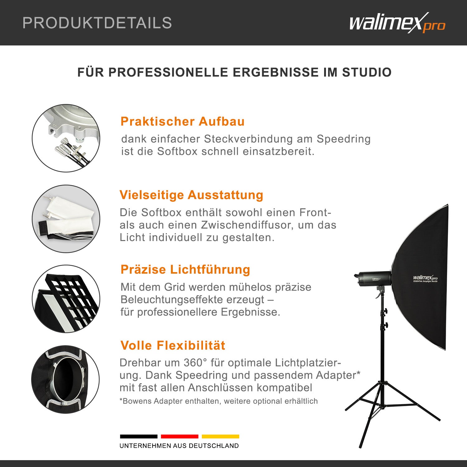 Essential Striplight Softbox 30x120cm + adattatore softbox per Elinchrom (diametro esterno: 15,2 cm), ruotabile a 360°, facile da montare, griglia inclusa, adattatore Bowens